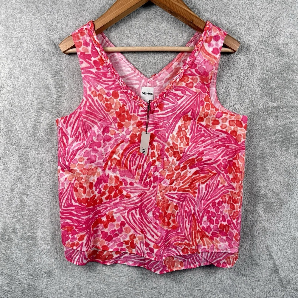 NIC+ZOE Watercolor Pink Petals Cotton Tank V-Neck Sleeveless Top Pink M NWT